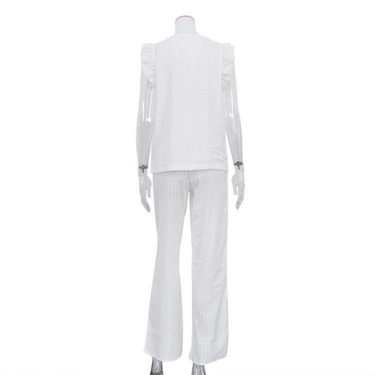 Conjunto Dos Piezas Top Algodón Cuello V Volantes y Pantalón Holgado Mujer