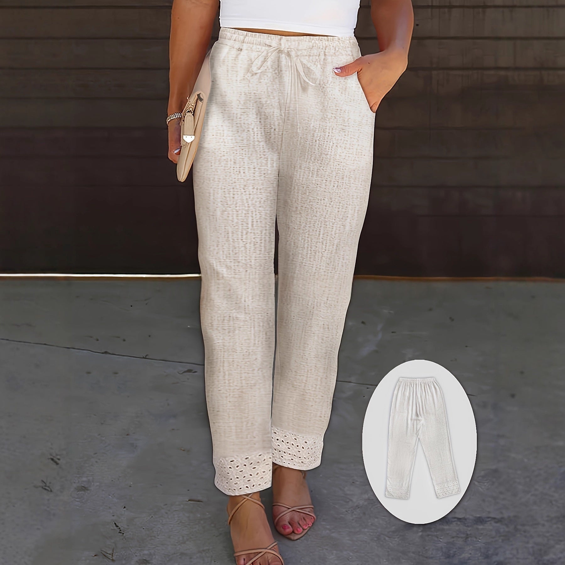 Pantalones cortos de cintura elástica con encaje bordado y patchwork,