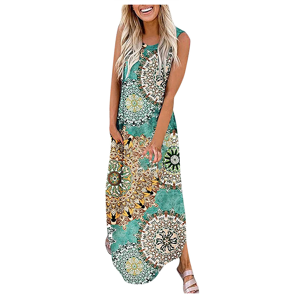 Sleeveless dress with irregular hem and print