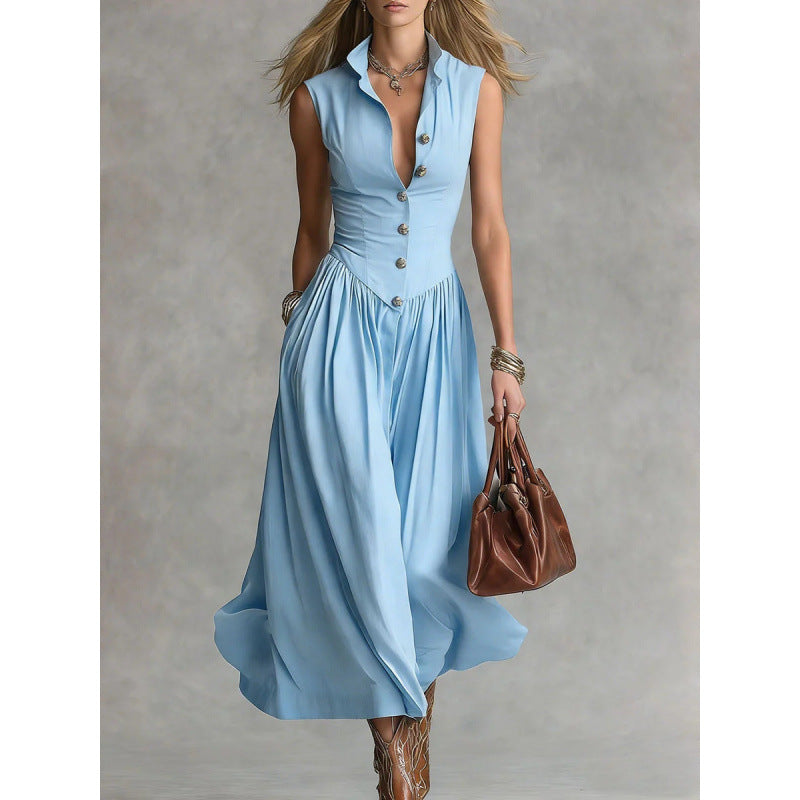 Elegante y sofisticado vestido largo sin mangas con cuello de solapa.