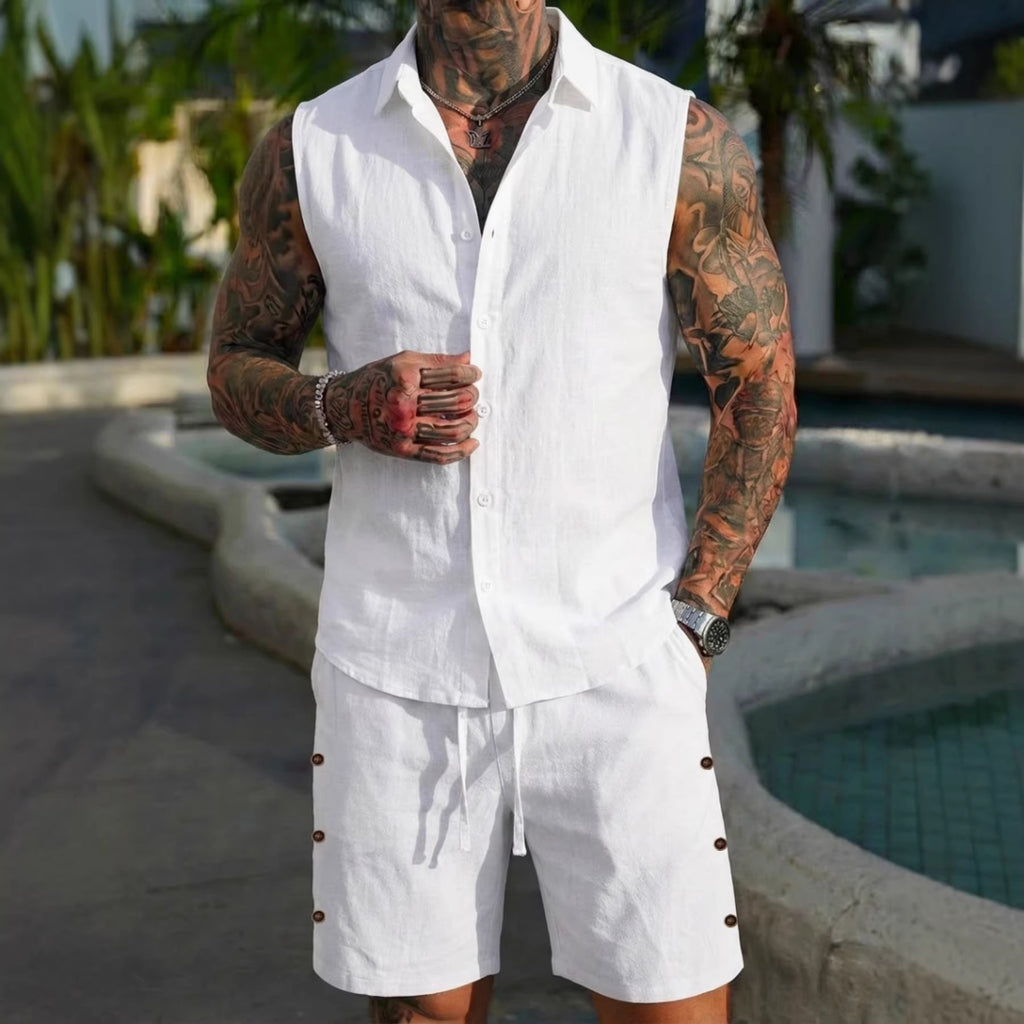 Conjunto fresco de lino para hombre — camisa manga corta y shorts