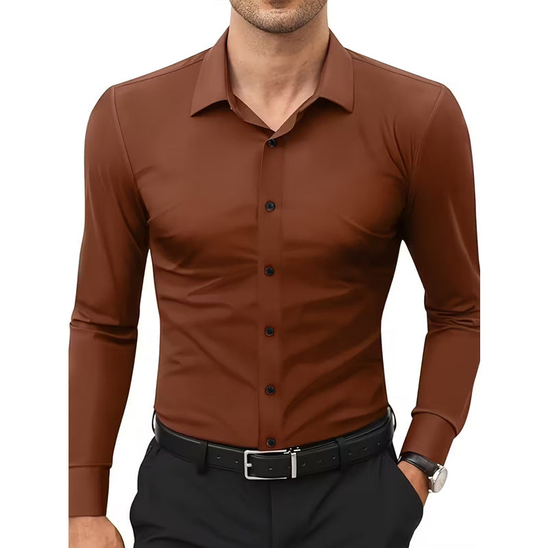 Camisa blanca elástica de manga larga con botones para hombre, tallas grandes.