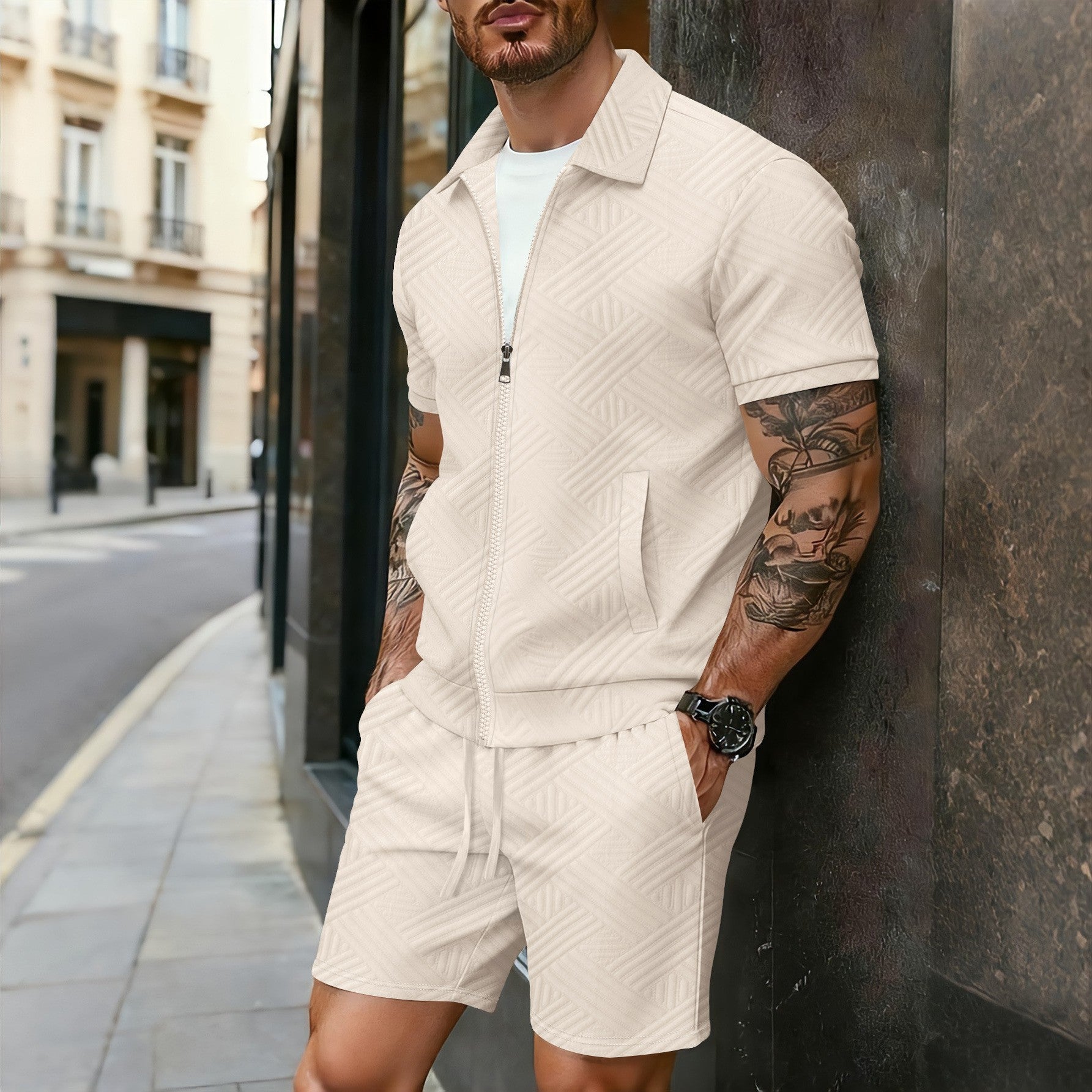 Conjunto de cárdigan jacquard con cremallera, chaqueta de manga corta y pantalones cortos