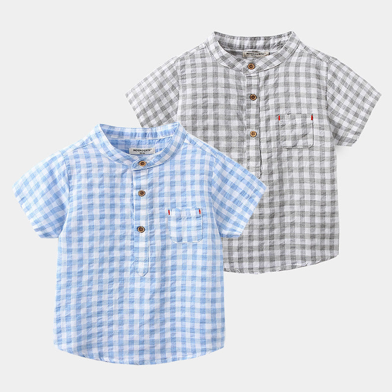 Camisa Infantil de Algodón a Cuadros Azul de Manga Corta — Clásica y Fresca