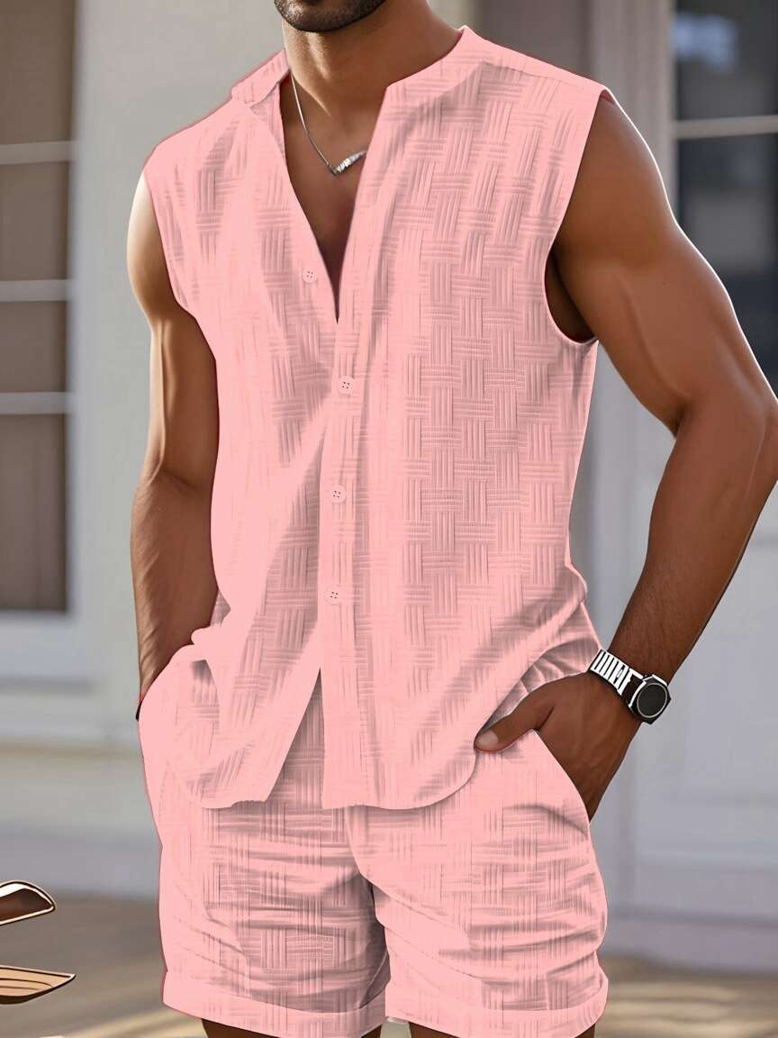Conjunto deportivo informal sin mangas para hombre con cuello redondo