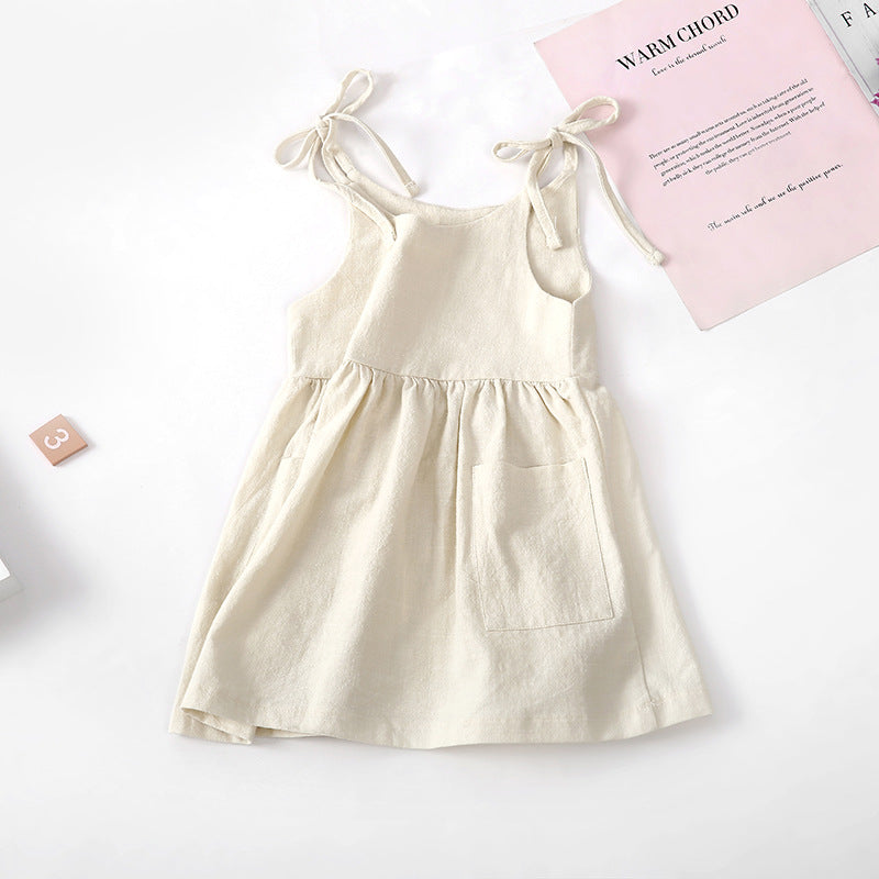 Vestido de Verano para Niña de Algodón y Lino con Bolsillo Lateral — Color Liso