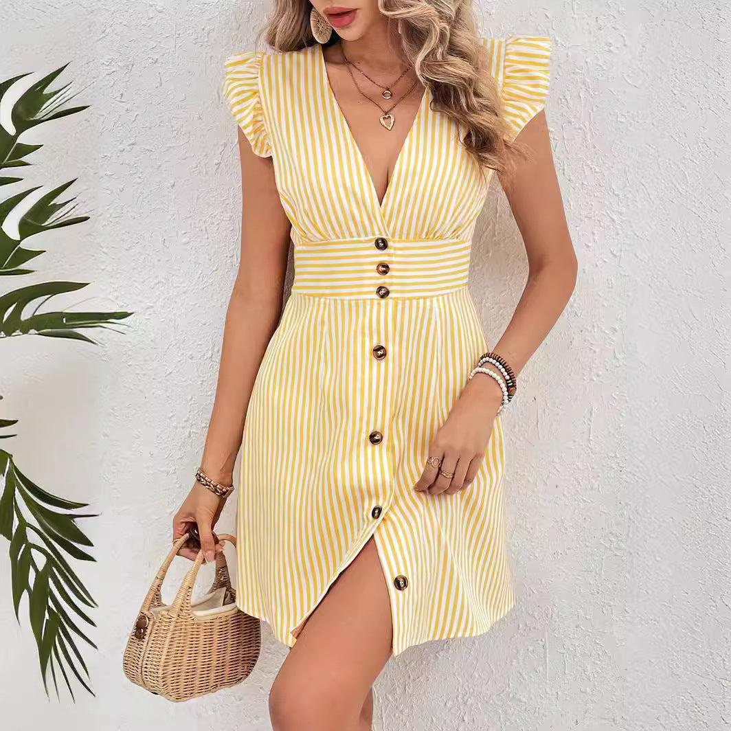 Vestido camisero de verano con escote en V y cierre de botón