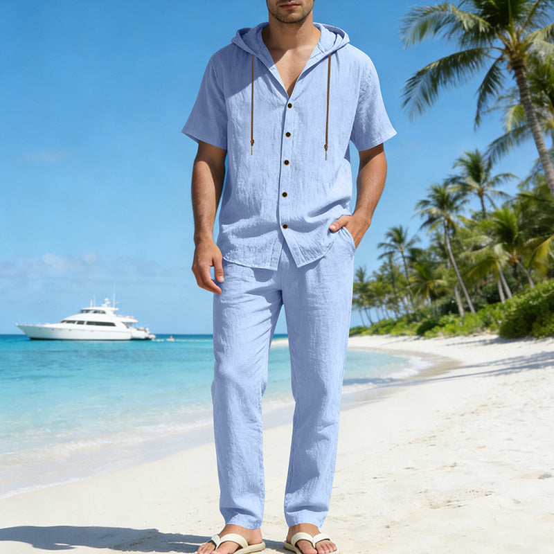 Conjunto de camisa de manga corta con capucha, holgada e informal para hombre, ideal para el verano