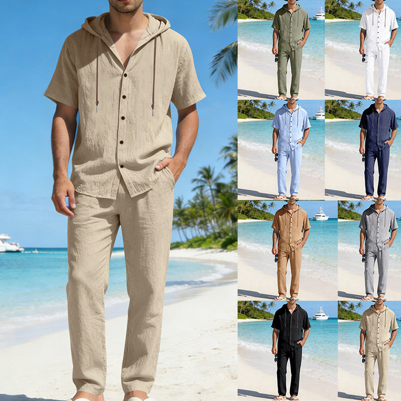 Conjunto de camisa de manga corta con capucha, holgada e informal para hombre, ideal para el verano