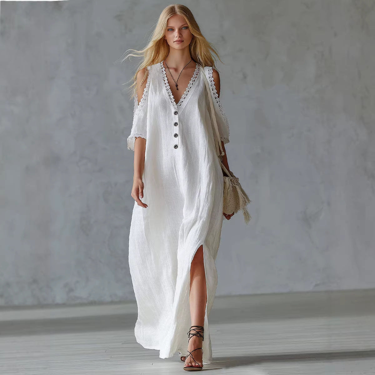 Nuevo vestido casual de mujer de corte holgado con ribete de encaje.