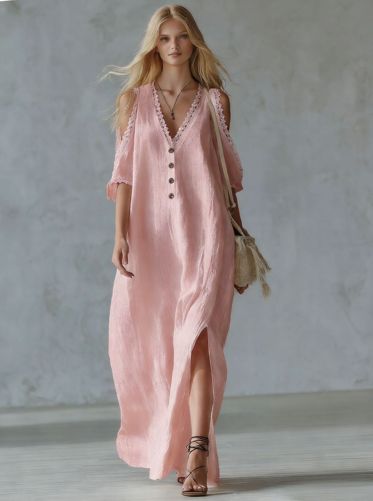 Nuevo vestido casual de mujer de corte holgado con ribete de encaje.