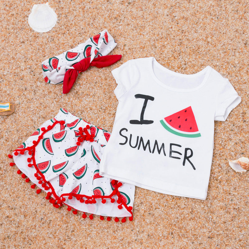 Conjunto Tres Piezas Bebé Niña Camiseta, Shorts y Diadema — Verano