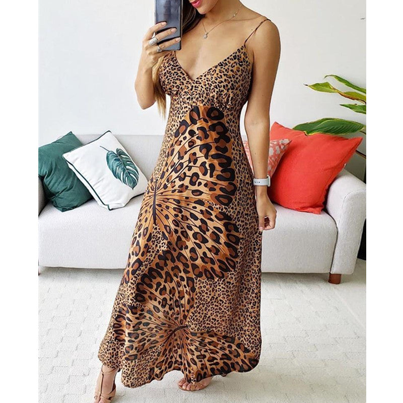 Vestido de tirantes con estampado de leopardo y mariposas