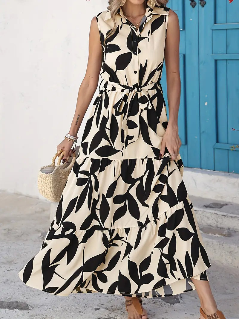 Elegant sleeveless printed shirt dress with ruffled hem