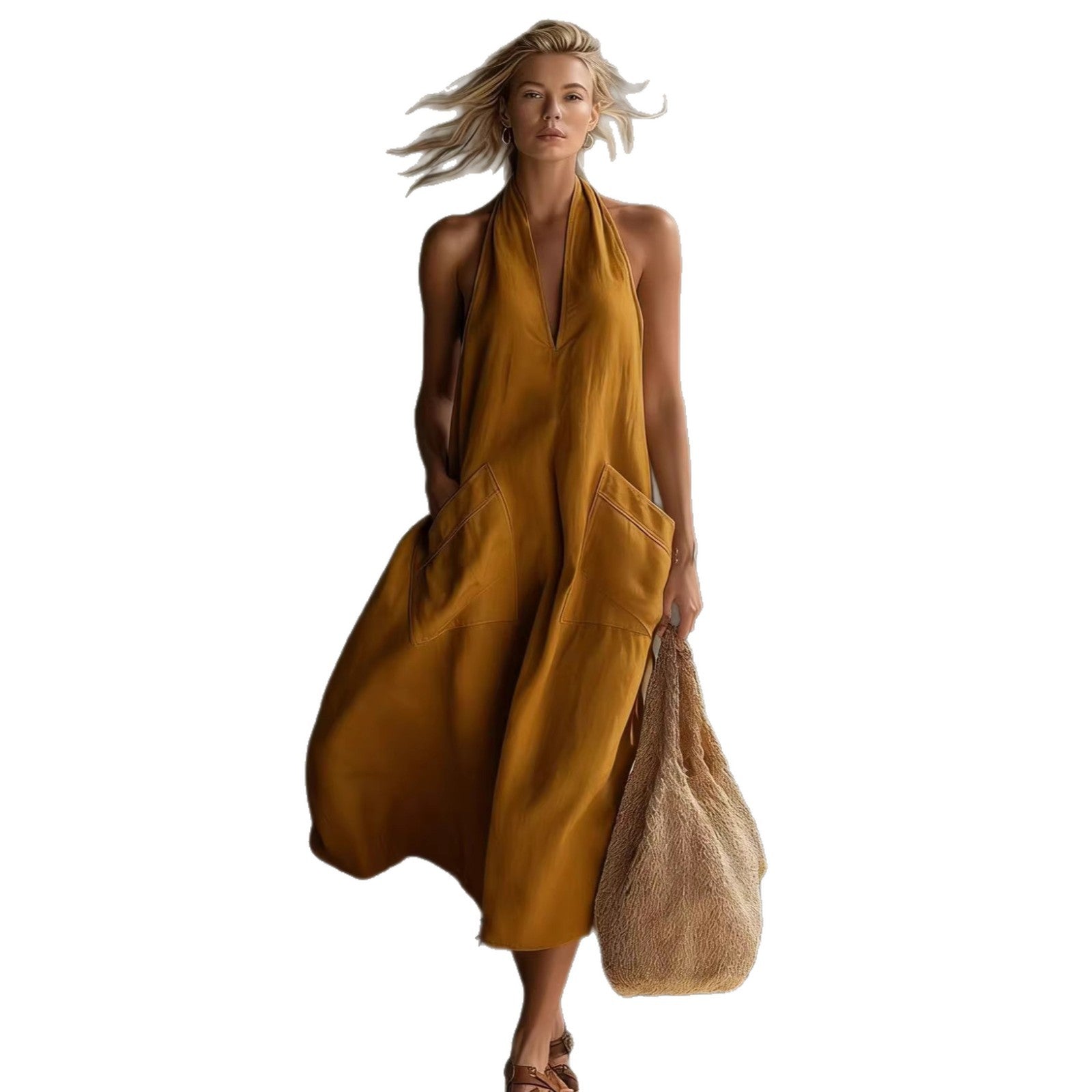 Retro-style linen slip dress with V-neck