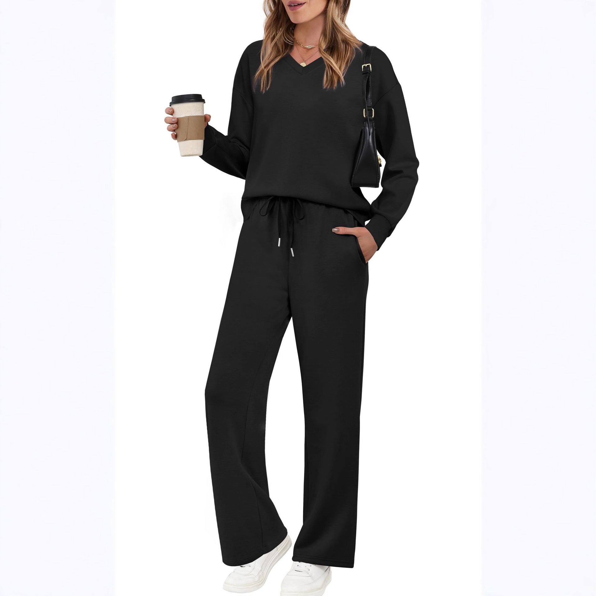 Conjunto de pantalón casual de color liso con cordón y manga larga