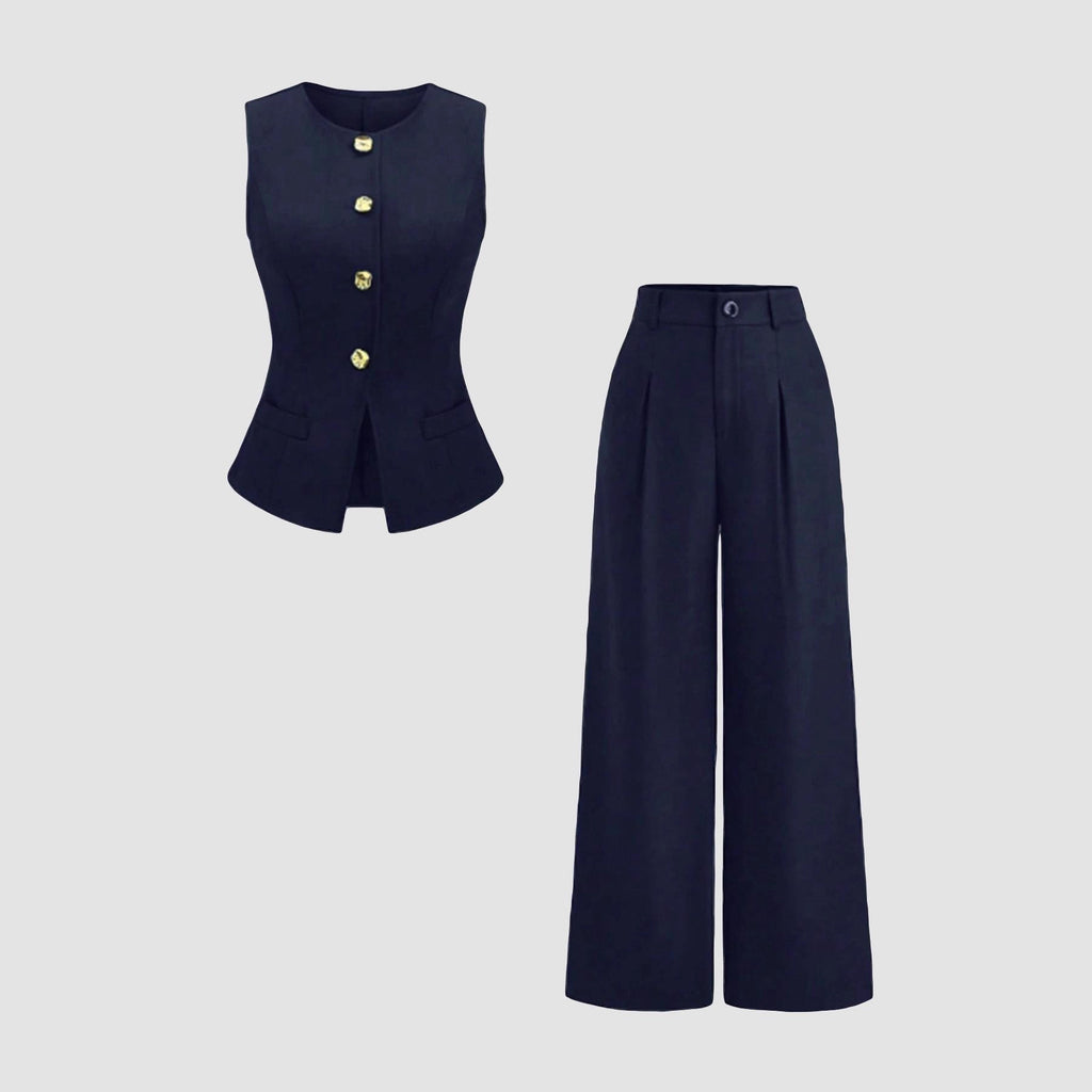 Conjunto de dos piezas informal de mujer, de talle alto y pierna ancha.