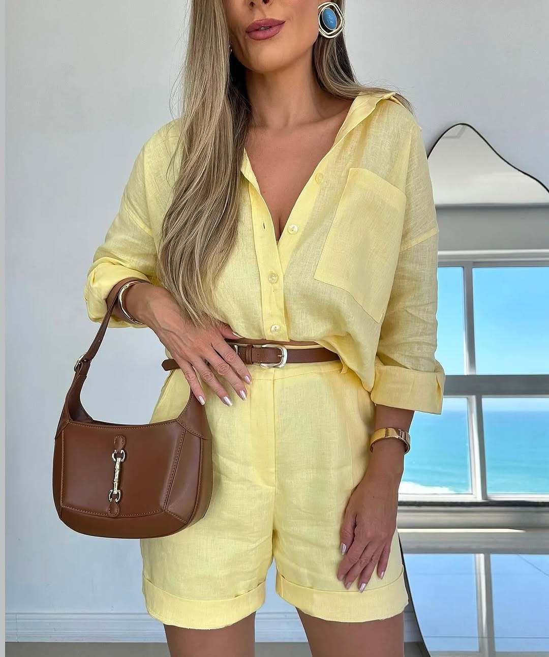 Conjunto informal de camisa de manga larga y pantalones cortos para mujer