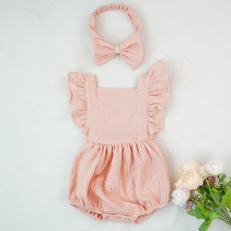 Girls' short-sleeved romper with ruffles and matching bow