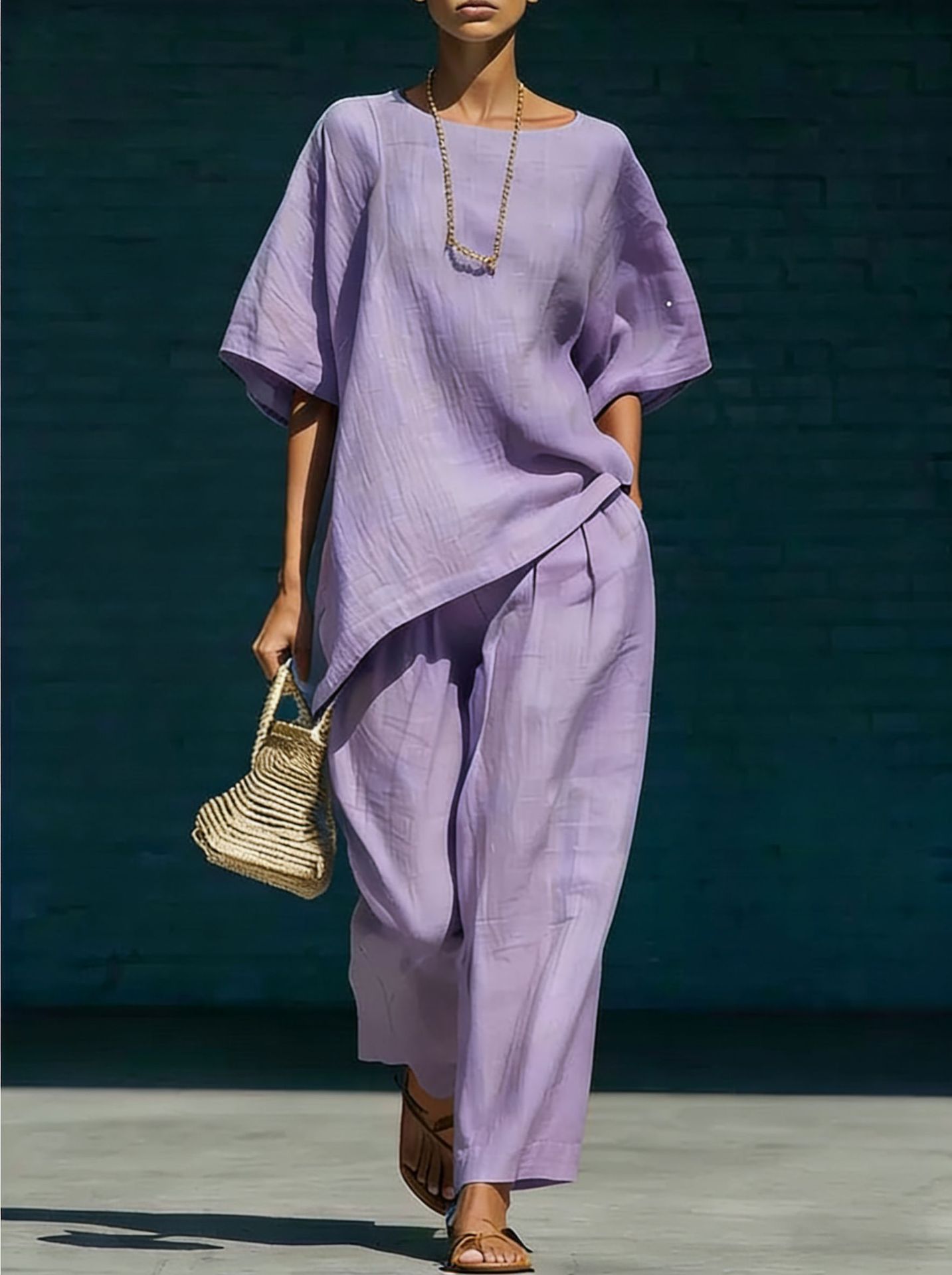 Conjunto de top de manga corta con bajo asimétrico y pantalón de pierna ancha.