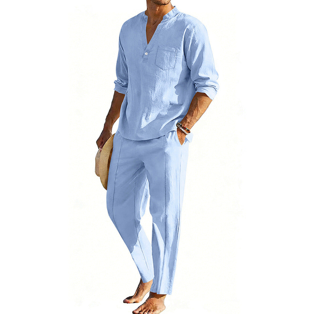 Conjunto informal de pantalón recto y camiseta Henley de manga larga para hombre
