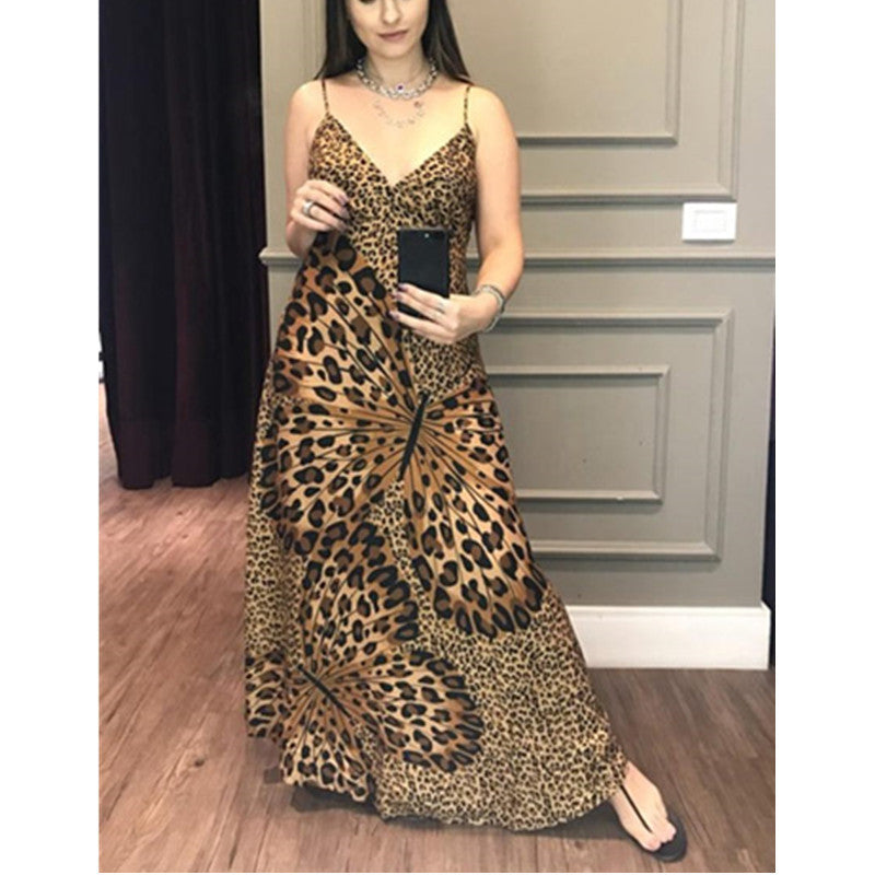 Vestido de tirantes con estampado de leopardo y mariposas