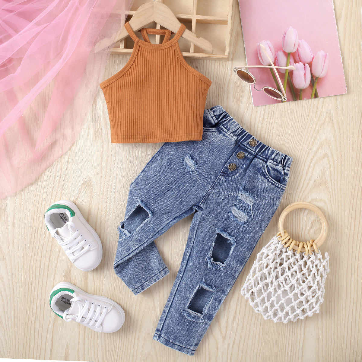 Conjunto de Dos Piezas para Niña: Jersey sin Mangas y Pantalón Vaquero