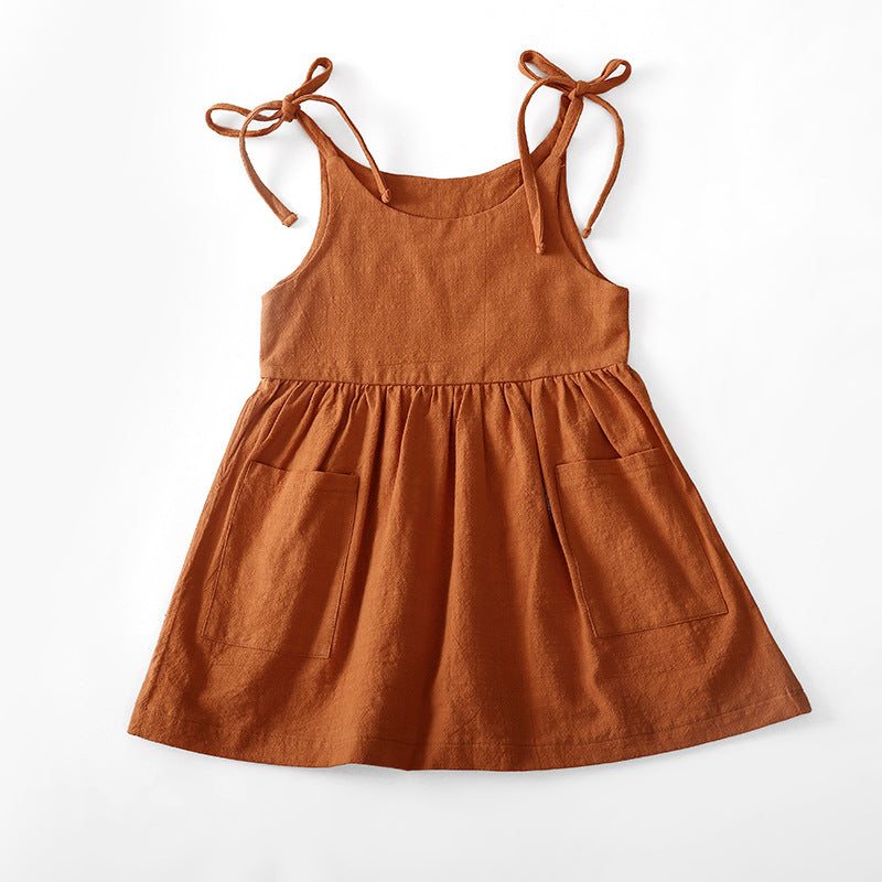 Vestido de Verano para Niña de Algodón y Lino con Bolsillo Lateral — Color Liso