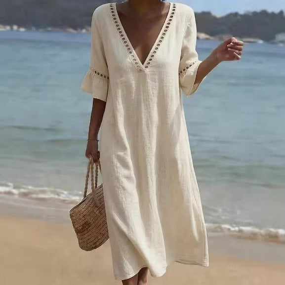 Vestido Holgado de Algodón y Lino con Encaje y Escote en V