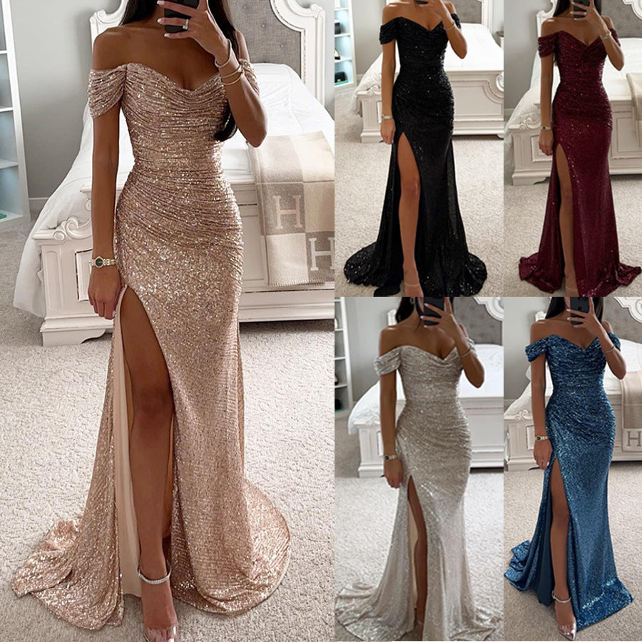 Vestido de Fiesta con Lentejuelas Escote Descubierto Mujer