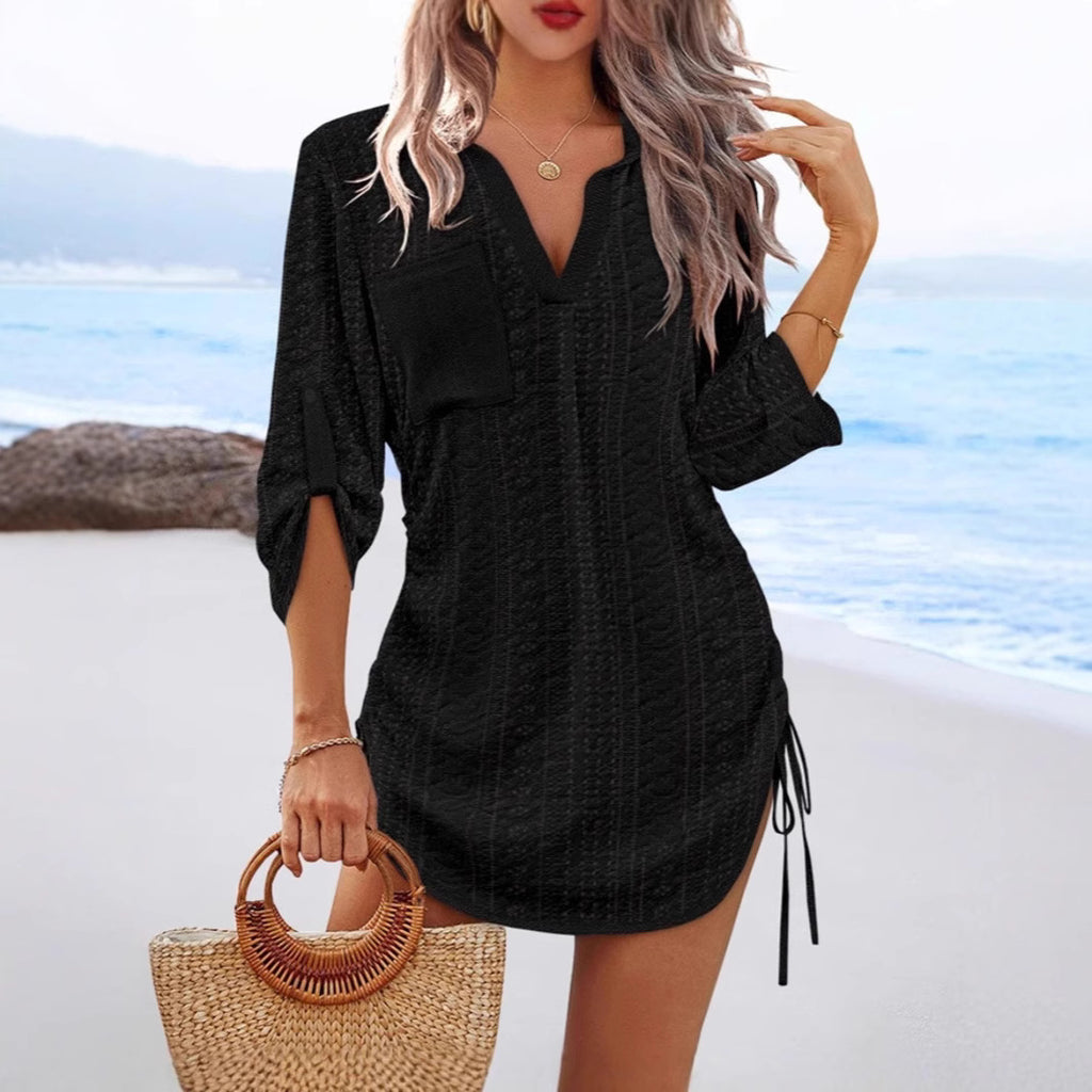 Women's Solid-Color Hollowed-Out Side-Pleated Tie-Detail Dress