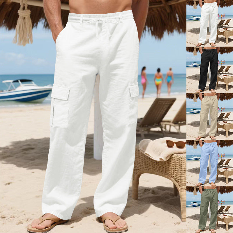 Pantalones de lino para hombre con cordón ajustable, múltiples bolsillos y pierna recta, ideales para el verano