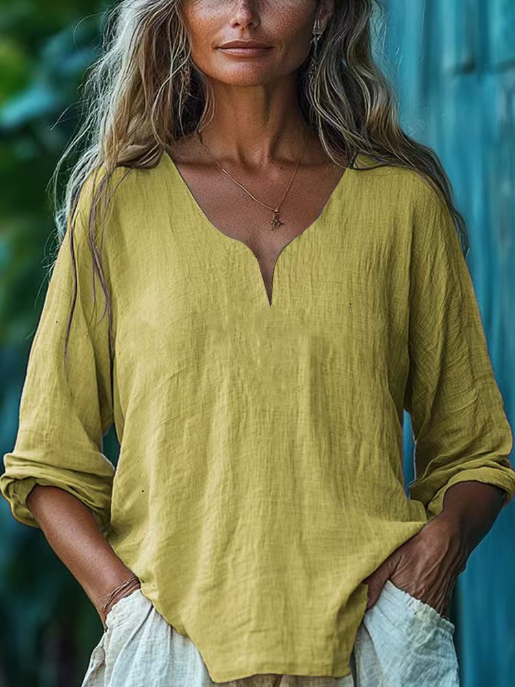 Top de mujer informal holgado de manga larga con cuello en V, de algodón y lino, color liso.