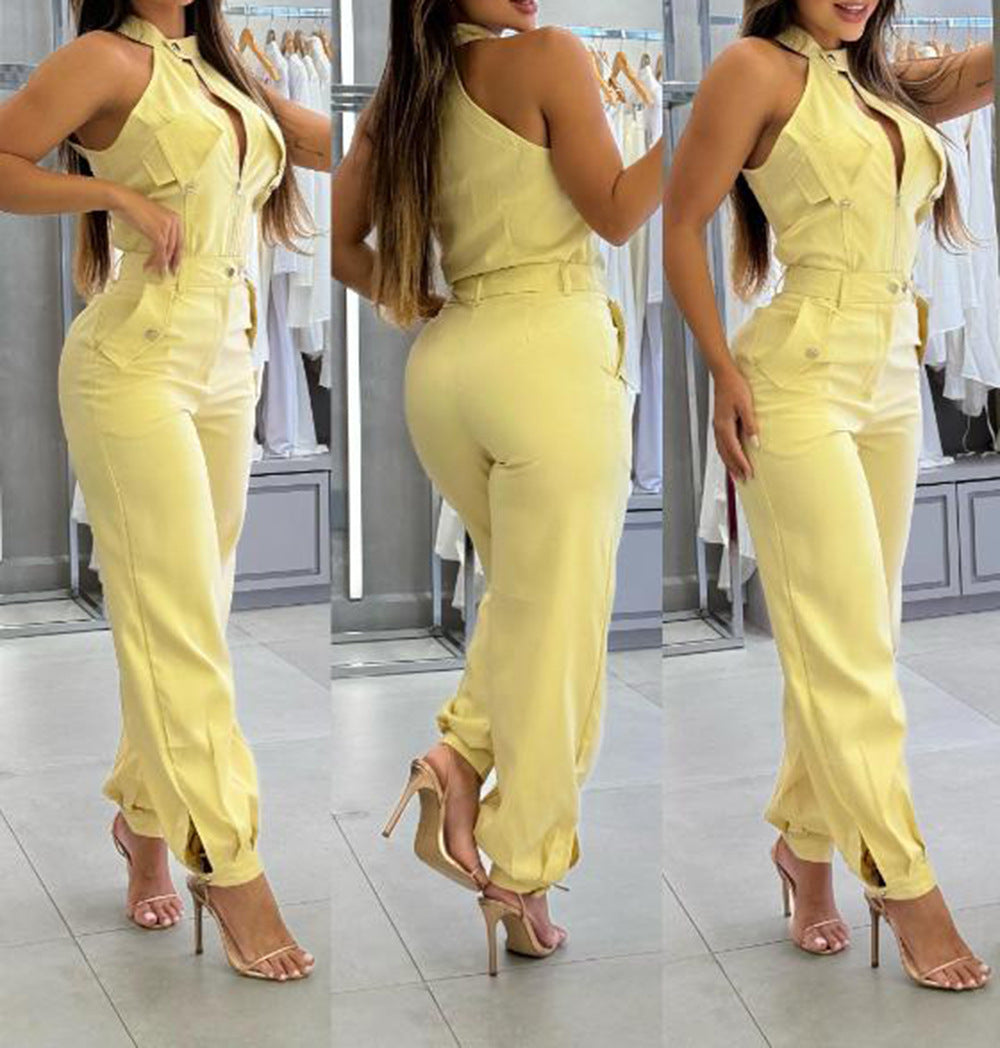 Traje Dos Piezas Top Halter y Pantalón Informal Mujer — Poliéster