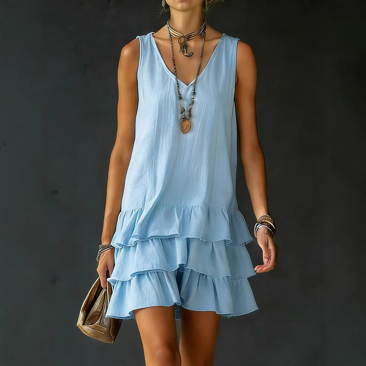 Vestido Sin Mangas de Algodón y Lino Cuello en V para Mujer