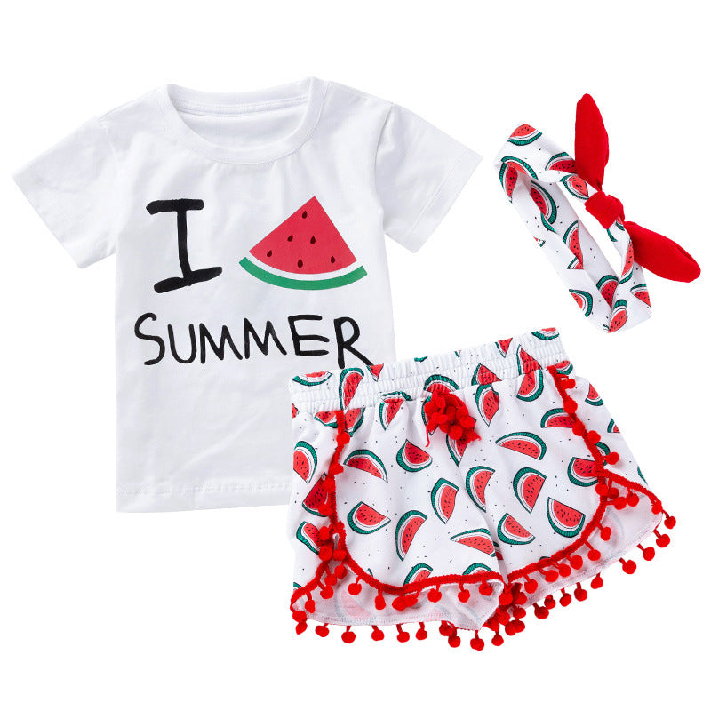 Conjunto Tres Piezas Bebé Niña Camiseta, Shorts y Diadema — Verano