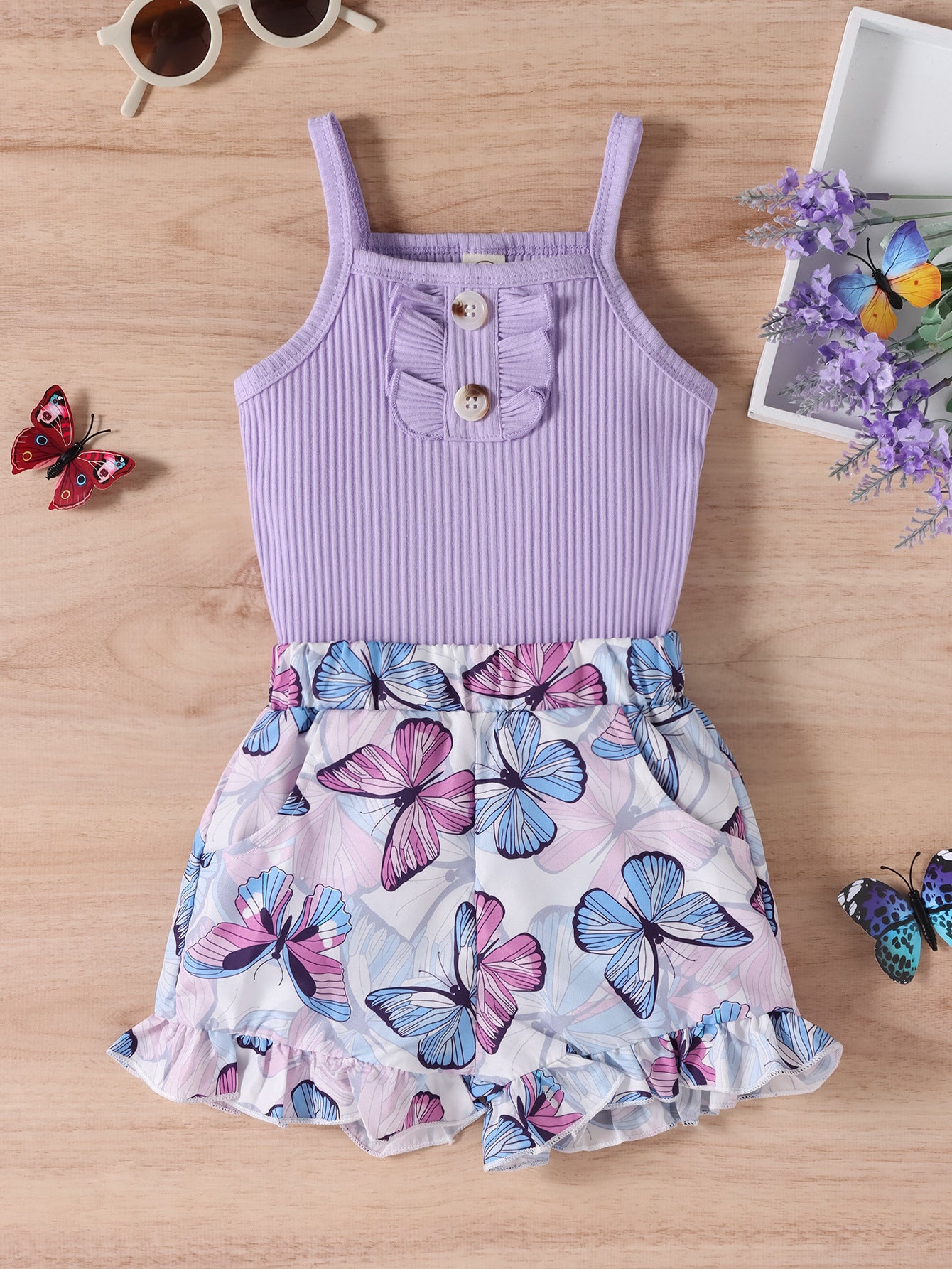 Conjunto Dos Piezas Niña Shorts Morados con Mariposas — Verano