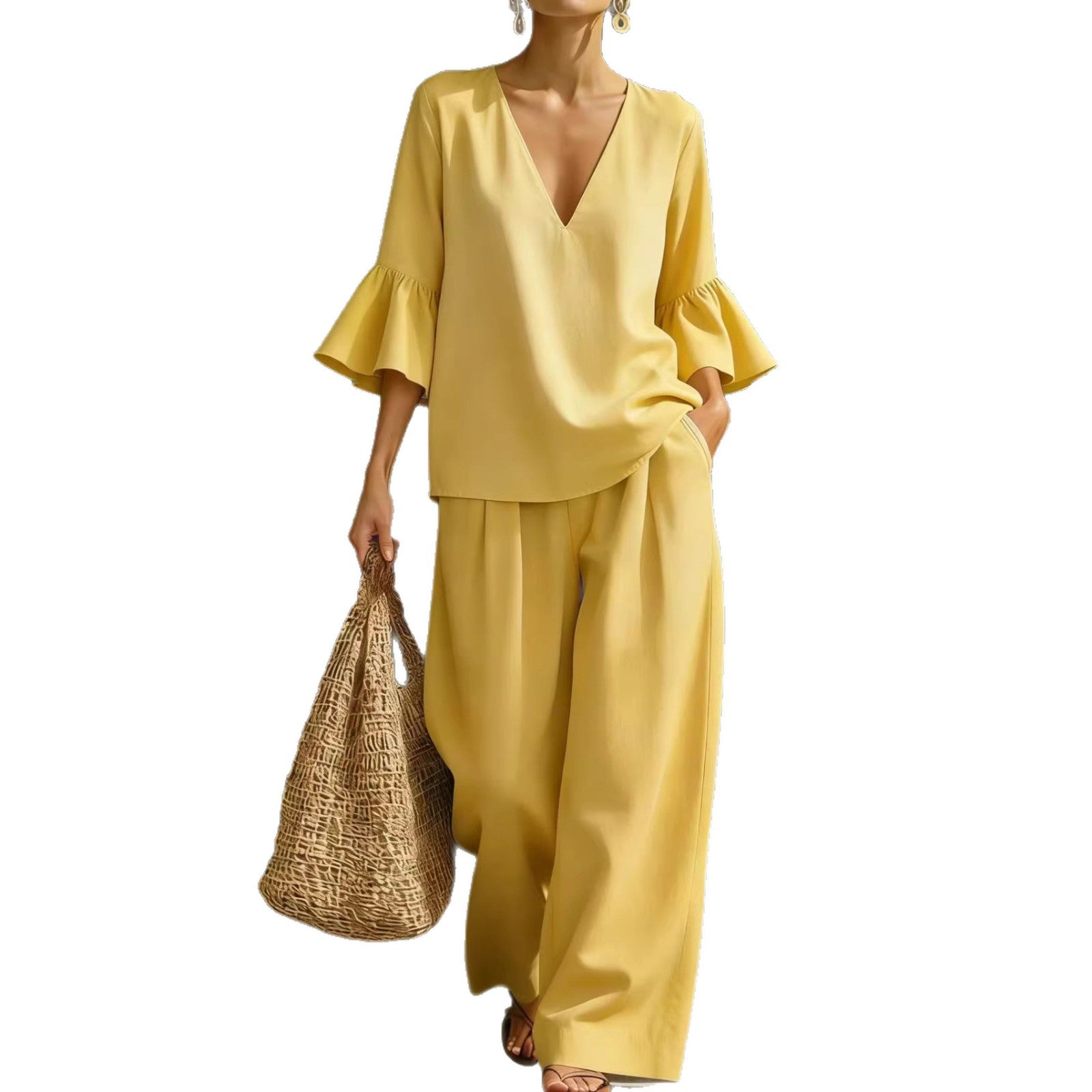 Conjunto de dos piezas para mujer: top con cuello en V y mangas con volantes y pantalón de pierna ancha.