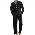 Conjunto de camisa informal de lino con cuello alto y pantalón holgado para hombre.