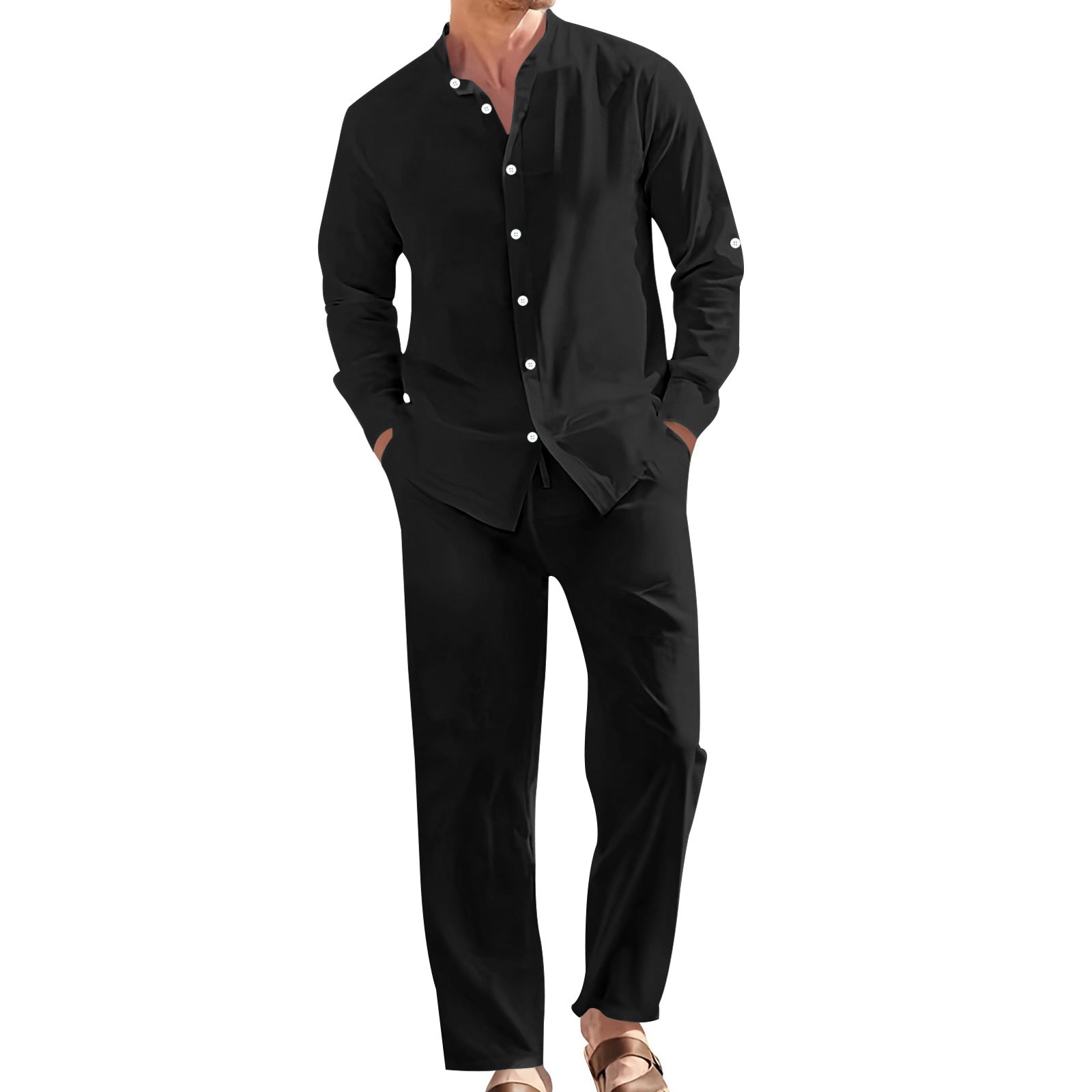 Conjunto de camisa informal de lino con cuello alto y pantalón holgado para hombre.
