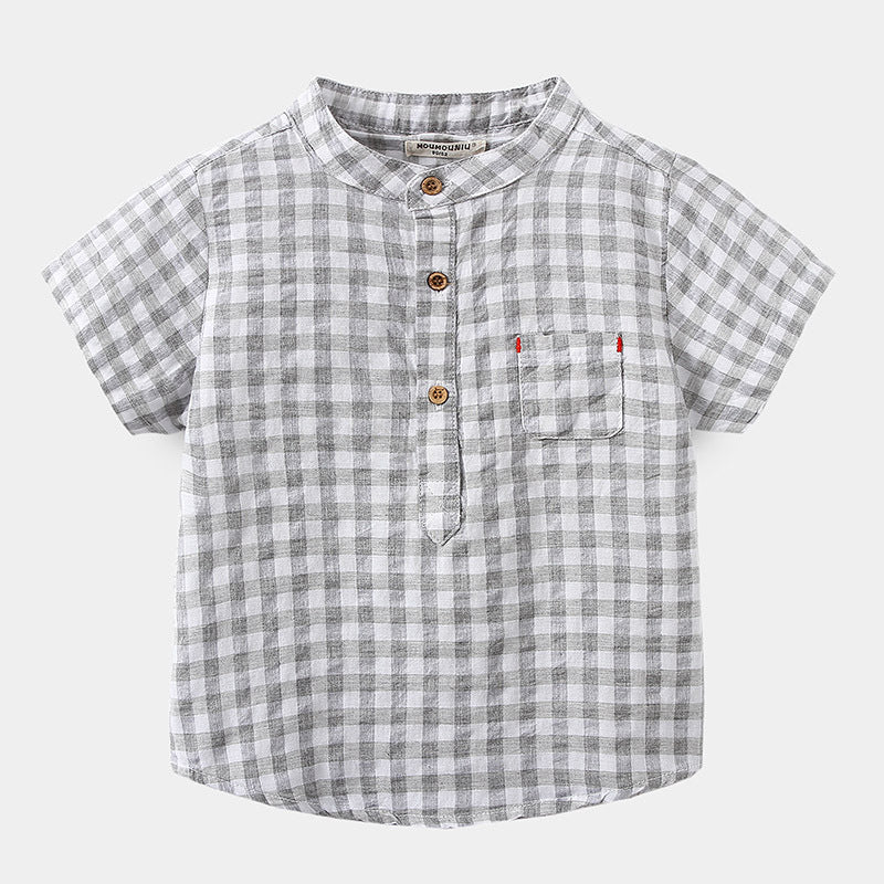 Camisa Infantil de Algodón a Cuadros Azul de Manga Corta — Clásica y Fresca