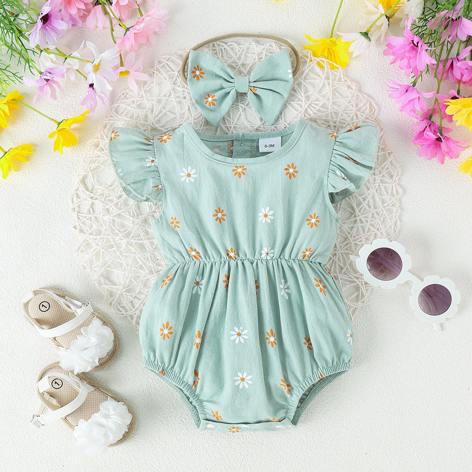 Mono Estampado Multicolor para Bebé con Tocado de Lazo — Algodón