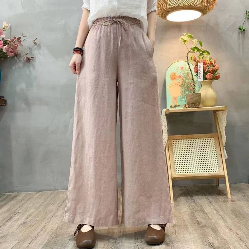 Pantalones holgados de talle alto de algodón y lino para mujer