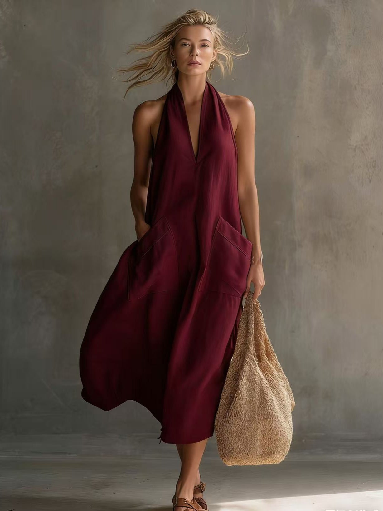 Vestido lencero informal de lino con escote en V de estilo retro