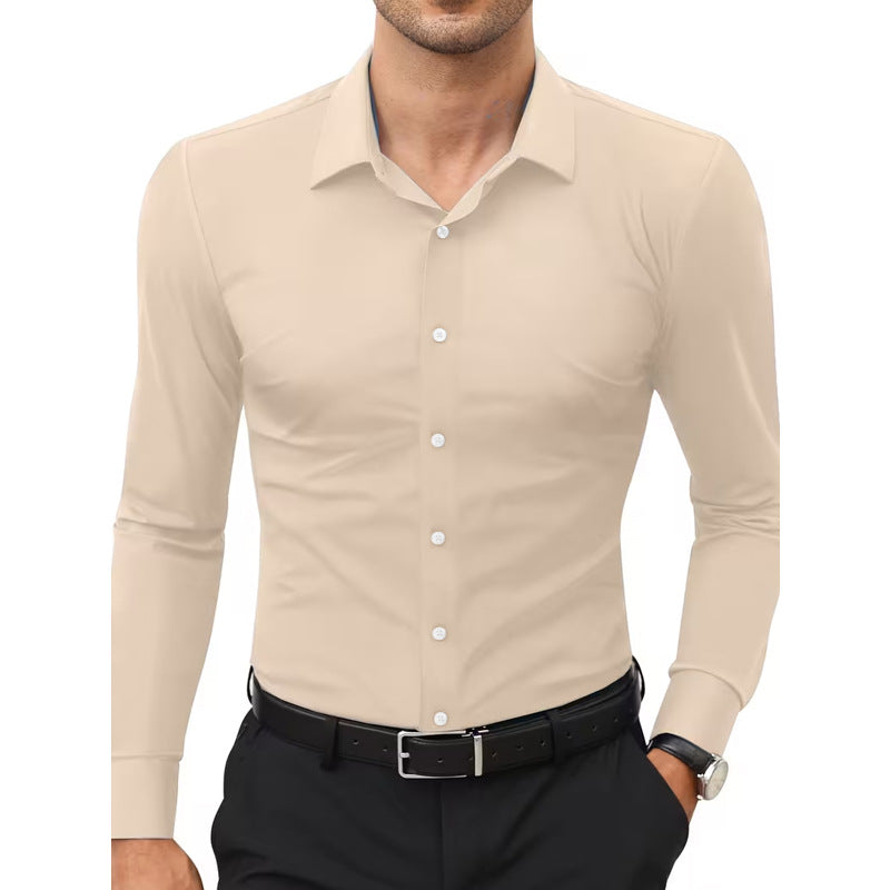 Camisa blanca elástica de manga larga con botones para hombre, tallas grandes.