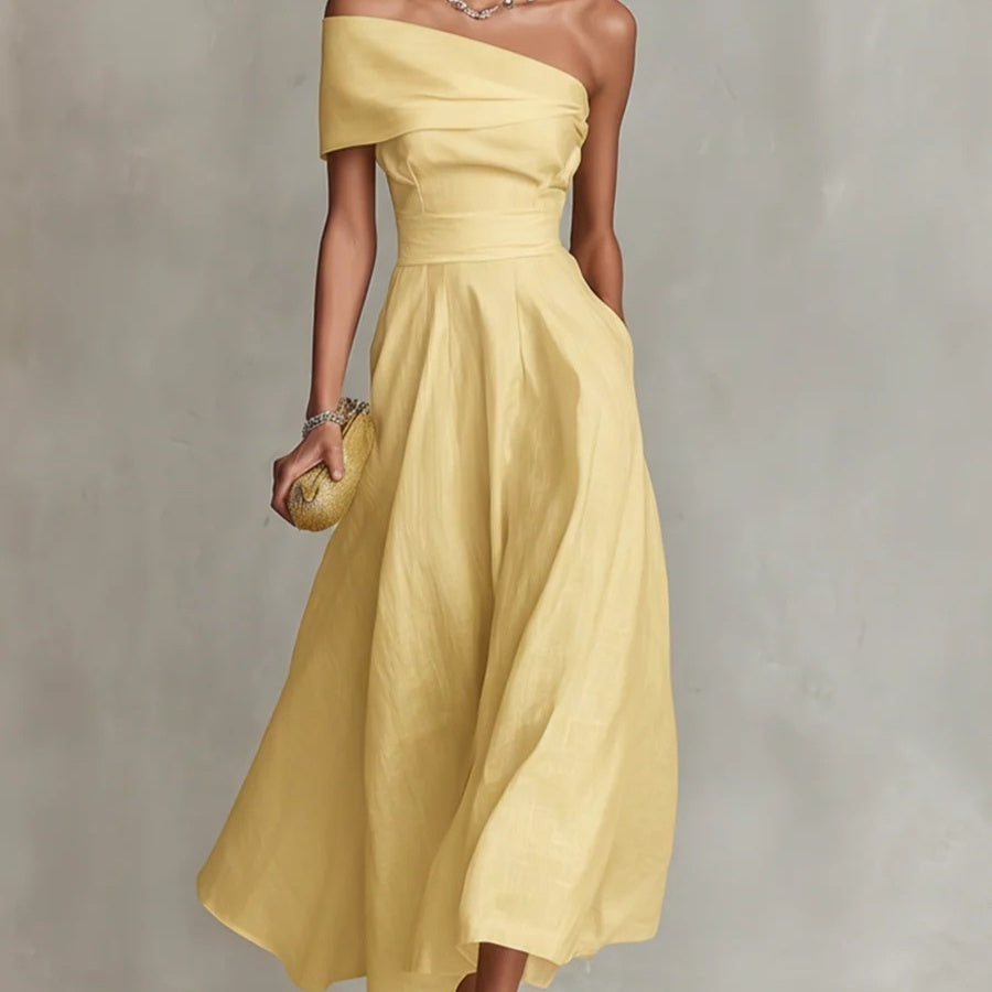 Elegant and Modern Sexy Yellow Off-Shoulder Dress for Women.