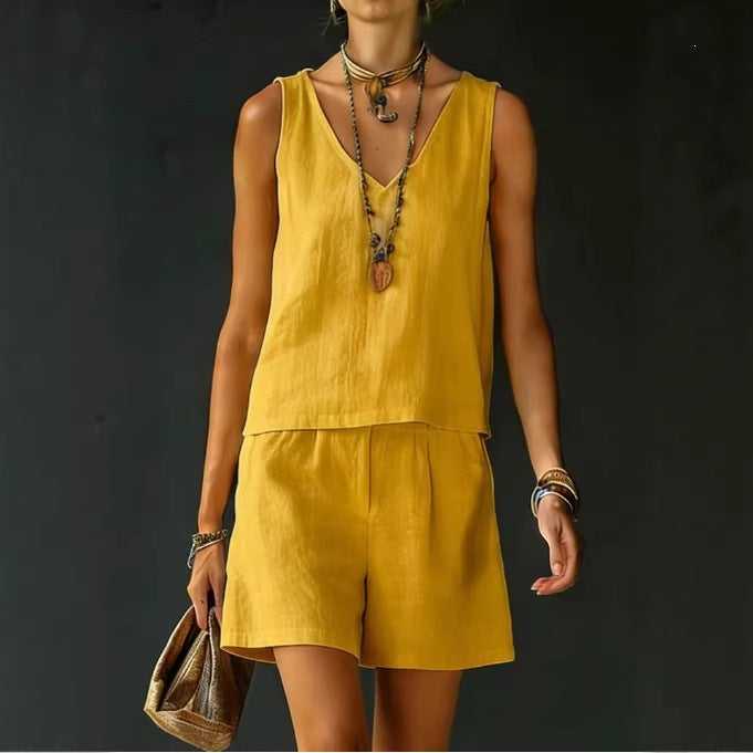Conjunto de dos piezas para mujer — top sin mangas y shorts de lino y algodón