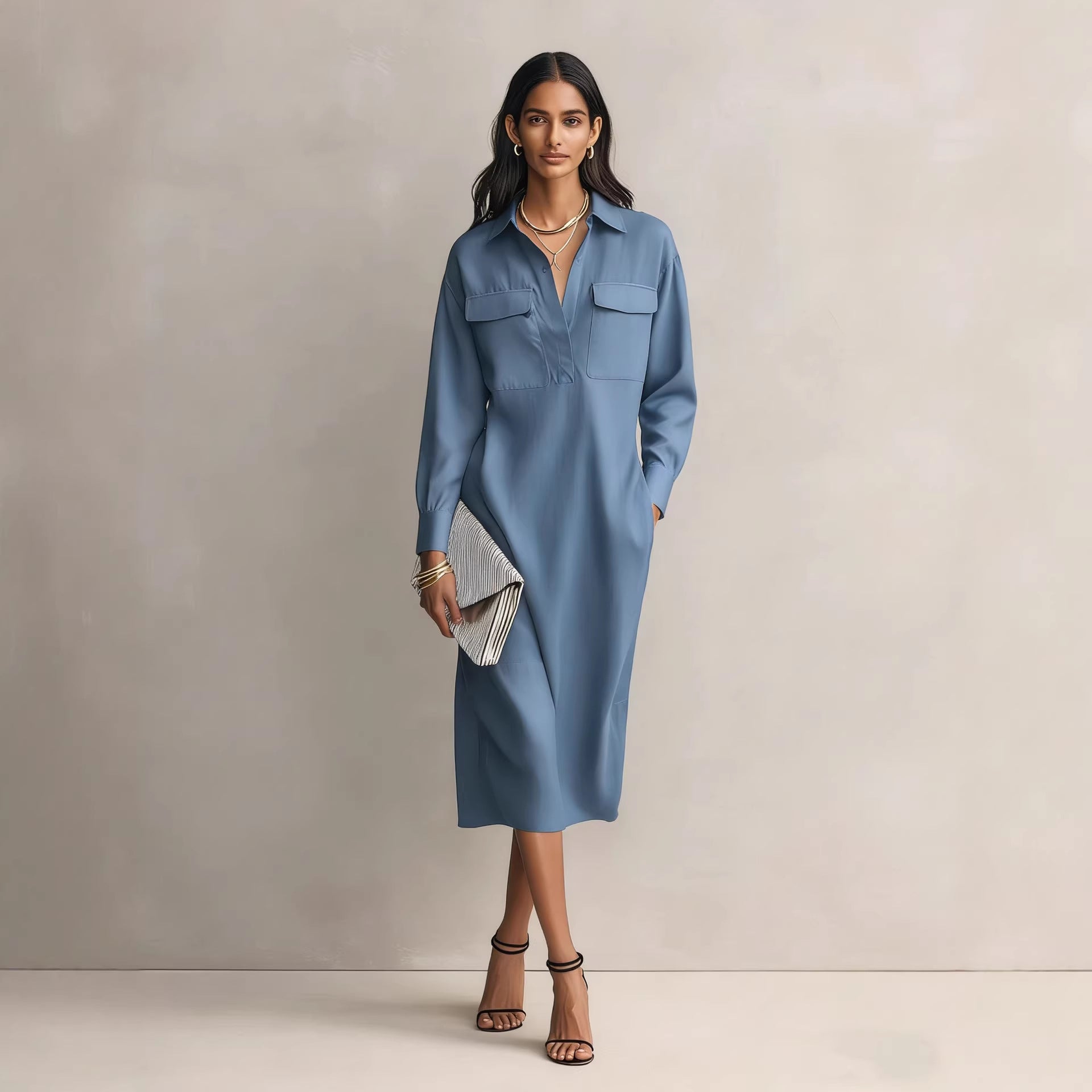 Vestido Camisero Elegante Estilo Francés Mujer