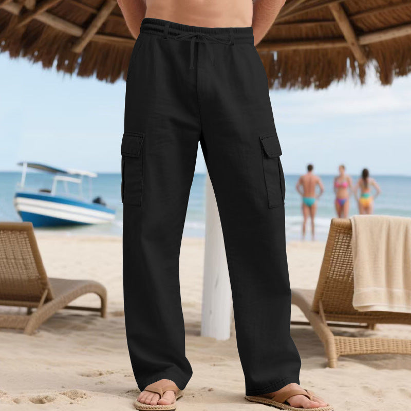 Pantalones de lino para hombre con cordón ajustable, múltiples bolsillos y pierna recta, ideales para el verano