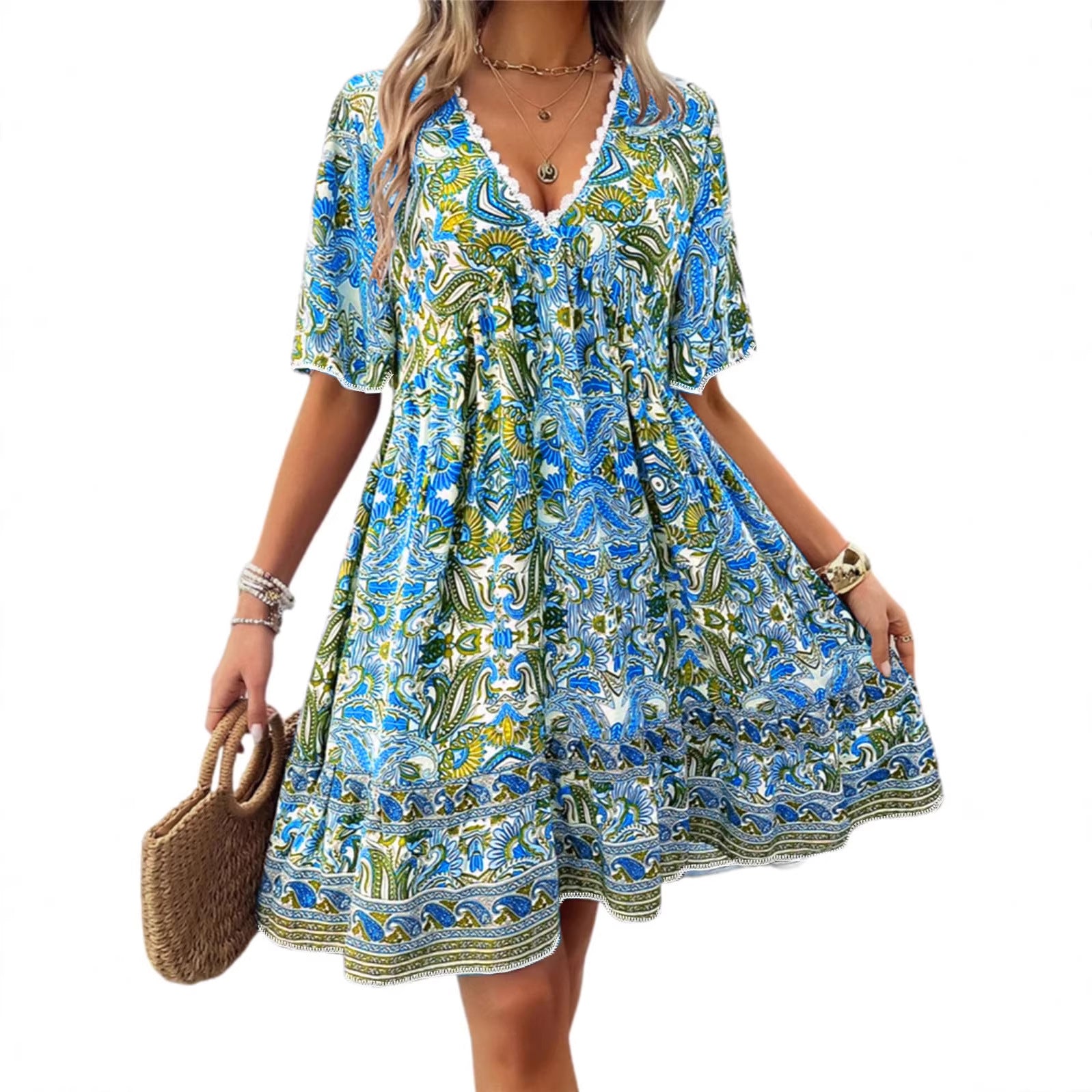 Printed V-neck short-sleeved dress, new spring collection.